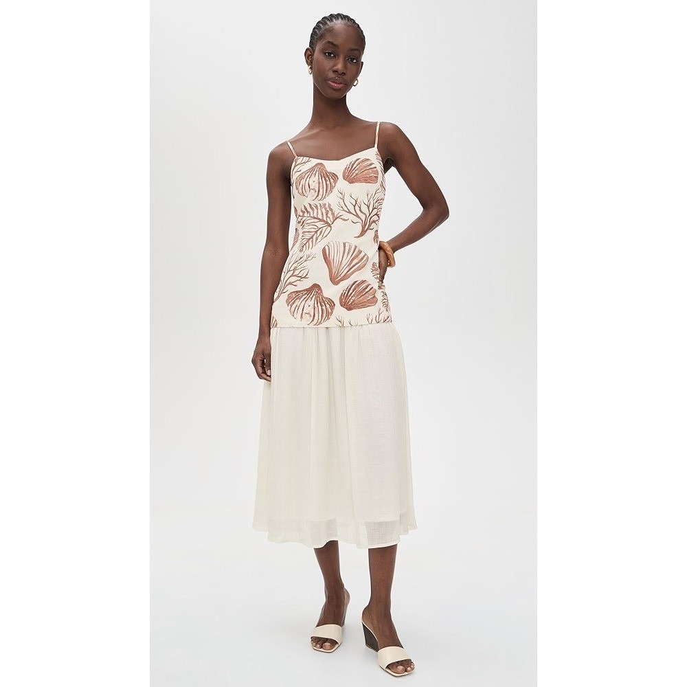 Moon River Green Shell Coral Print Drop Waist Midi Dress Cream Gauze Skirt Small - Picture 3 of 4
